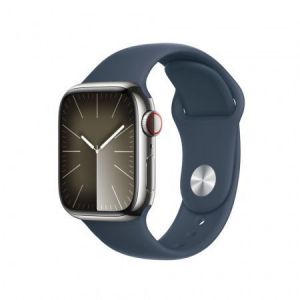 Apple / Watch S9 Cellular 41mm Silver Stainless Steel Case with Storm Blue Sport Band M/L