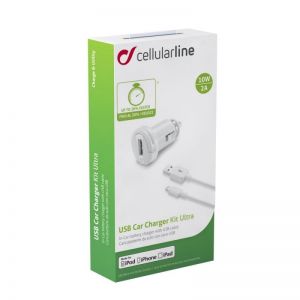 Cellularline / Ultra car charger in a set with data cable with Lightning connector,  1xUSB,  2A,  white