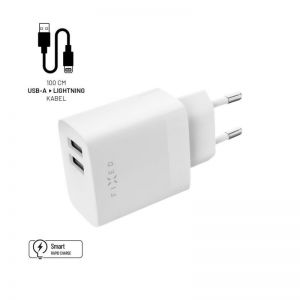 FIXED / Network charger set with 2xUSB output and USB/Lightning cable 17W Smart Rapid Charge 1m White