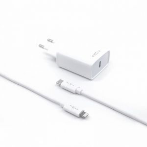 FIXED / set of travel charger with USB-C output and USB-C/Lightning cable,  PD support,  1 meter,  MFI,  18W,  white