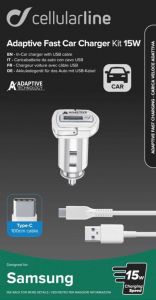 Cellularline / Set car charger and USB-C cable,  adaptive charging,  15W,  white