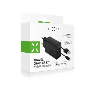 FIXED / Set mains charger with 2xUSB output and USB/Lightning cable,  1m,  MFI certification,  15W Smart Rapid Charge,  black