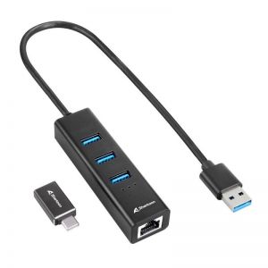 Sharkoon / 3-Port USB3.2 Aluminium Hub + RJ45 Ethernet Adapter Black