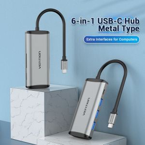  / VENTION USB-C to USB3.0*3/TF/SD/PD Hub 0.15M Gray Aluminum Alloy Type