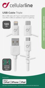Cellularline / USB cable with three Lightning adapters + micro USB + USB-C,  white
