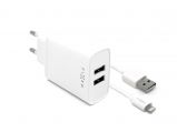 FIXED Set mains charger with 2xUSB output and USB/Lightning cable,  1m,  MFI certification,  15W Smart Rapid Charge,  white