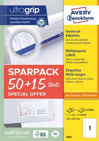 Etikett, univerzális, 210x297 mm, AVERY ZWECKFORM, "Sparpack", 65 etikett/csomag