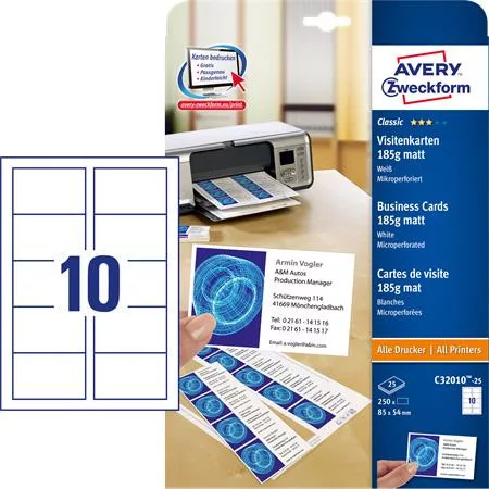 Névjegykártya, 85x54 mm, 185 g, mikroperforált, AVERY ZWECKFORM, 250 db/csomag