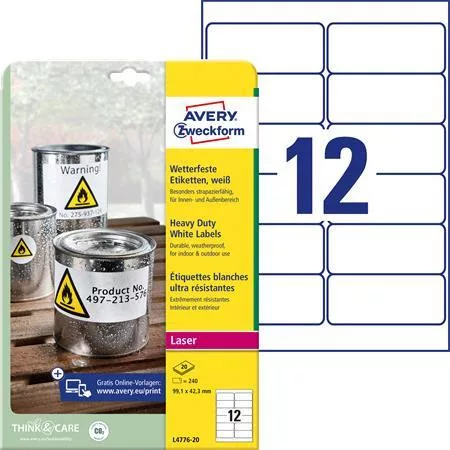 Etikett, 99,1x42,3 mm, poliészter, időjárásálló, AVERY ZWECKFORM, fehér, 240 etikett/csomag