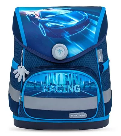 Iskolatáska, mágneszárral, BELMIL "Compact Racing Blue Neon", versenyautó