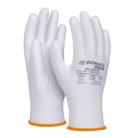 Szerelőkesztyű, PU, DONAU "Safety", 7/S méret, fehér