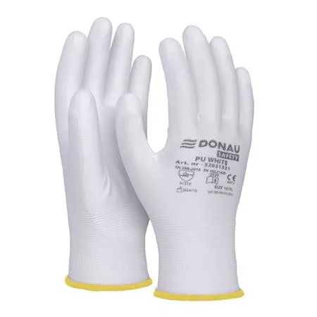 Szerelőkesztyű, PU, DONAU "Safety", 8/M méret, fehér