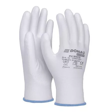 Szerelőkesztyű, PU, DONAU "Safety", 9/L méret, fehér