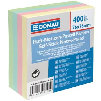   Öntapadó jegyzettömb, 76x76mm, 400 lap, DONAU, pasztell színek