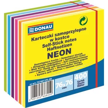   Öntapadó jegyzettömb, 76x76mm, 400 lap, DONAU, fehér és neon színek