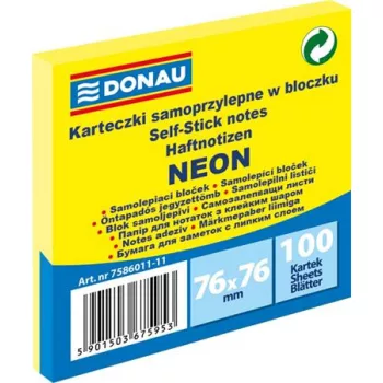   Öntapadó jegyzettömb, 76x76 mm, 100 lap, DONAU, neon sárga