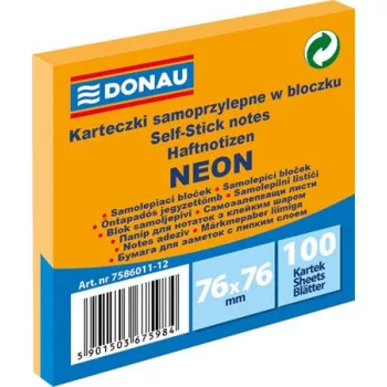   Öntapadó jegyzettömb, 76x76 mm, 100 lap, DONAU, neon narancssárga