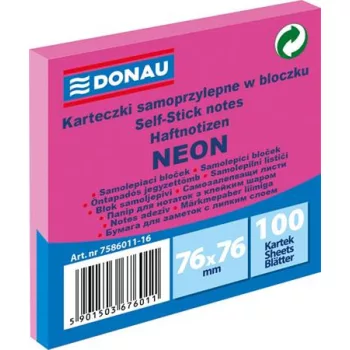   Öntapadó jegyzettömb, 76x76 mm, 100 lap, DONAU, neon rózsaszín