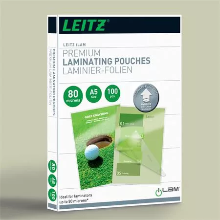 Meleglamináló fólia, 80 mikron, A5, fényes, UDT technológiával, LEITZ "iLam"