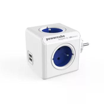   Elosztó, 4 aljzat, 2 USB csatlakozó, ALLOCACOC "PowerCube Original USB DE", fehér-kék