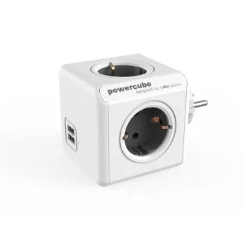   Elosztó, 4 aljzat, 2 USB csatlakozó, ALLOCACOC "PowerCube Original USB DE", fehér-szürke