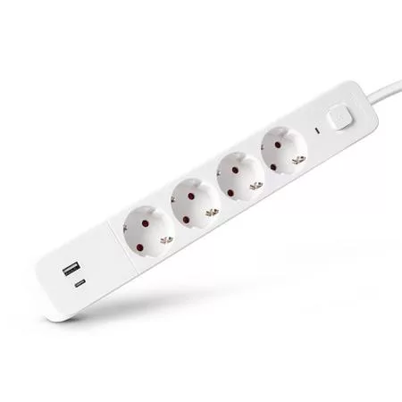 Elosztósor, 4 aljzat, 1,5 m, USB, kapcsolóval, ENTAC, fehér