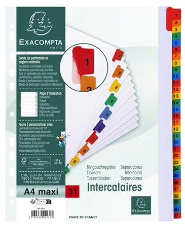 Regiszter, karton, A4+, 1-31, EXACOMPTA, fehér