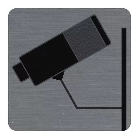 Információs tábla, öntapadó, 7,5x7,5 cm, alumíniumhatású, EXACOMPTA, "Kamerával megfigyelt terület"