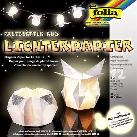 Origami papír, lámpáshoz, 30x30 cm, 80 g, 12 lap, FOLIA, fehér