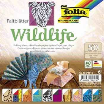   Origami papír, 15x15 cm, 80 g, 50 lap, FOLIA "Wildlife", 10 különböző minta