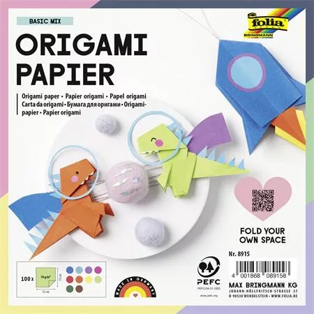 Origami papír, 15x15 cm, 70 g, 100 lap, FOLIA, vegyes színek