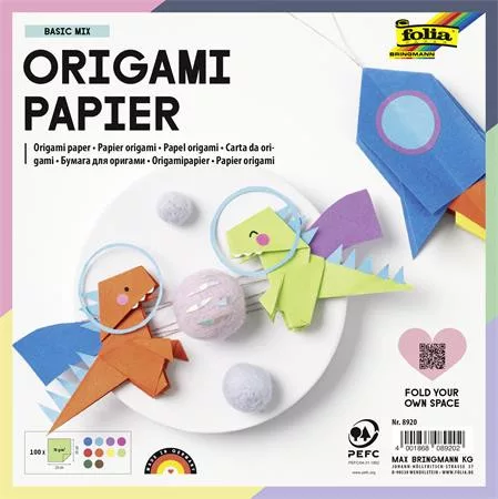 Origami papír, 20x20 cm, 70 g, 100 lap, FOLIA, vegyes színek
