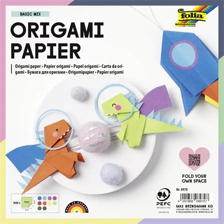 Origami papír, 20x20 cm, 70 g, 500 lap, FOLIA, vegyes színek