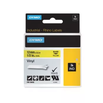   Feliratozógép szalag, vinil, 12 mm x 5,5 m, DYMO "Rhino", sárga-fekete