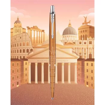   Golyóstoll, 0,7 mm, ezüst színű klip, mintás tolltest, PARKER, "Royal Jotter Róma", kék