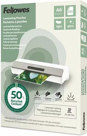 Meleglamináló fólia, 80 mikron, A6, fényes, 100 db, FELLOWES "Light"