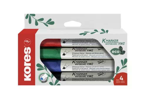 Tábla- és flipchart marker készlet, 3-5 mm, vágott, KORES "ECO K-Marker XW2", 4 különböző szín