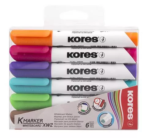 Tábla- és flipchart marker készlet, 3-5 mm, vágott, KORES "K-Marker XW2", 6 különböző szín