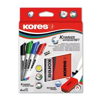   Tábla- és flipchart marker készlet mágneses táblatörlő szivaccsal, 3-5 mm, vágott, KORES "XW2", 4 különböző szín
