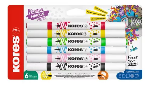Dekormarker készlet, akril, 1-2 mm, kétvégű, KORES " K-Kreative", 6 különböző szín