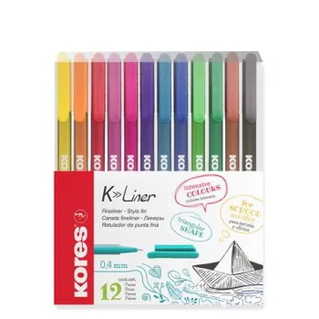   Tűfilc készlet, 0,4 mm, KORES "K-Liner", 12 különböző szín