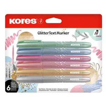   Szövegkiemelő készlet, 3-5 mm, KORES "Glitter", 6 különböző csillámos szín