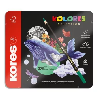   Színes ceruza készlet, háromszögletű, fém doboz, KORES "Kolores Selection", 24 különböző szín