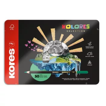   Színes ceruza készlet, háromszögletű, fém doboz, KORES "Kolores Selection", 50 különböző szín