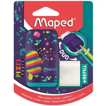   Hegyező és radír, kétlyukú, tartályos, pótradírral, MAPED "Pixel Party Connect"