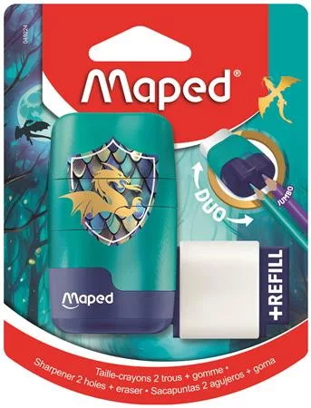 Hegyező és radír, kétlyukú, tartályos, pótradírral, MAPED "Connect Dragon", sárkány