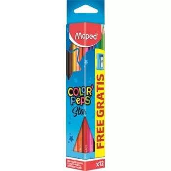   Színes ceruza készlet, háromszögletű, hegyezővel, MAPED "Color'Peps Star", 12 különböző szín