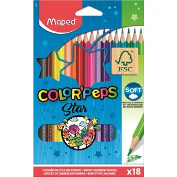   Színes ceruza készlet, háromszögletű, MAPED "Color'Peps Star", 18 különböző szín