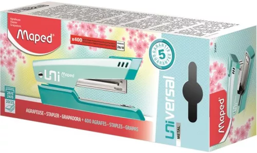 Tűzőgép, 24/6, 26/6, 20 lap, MAPED "Universal Metal Half-Strip Pastel", pasztell türkiz