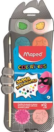 Vízfesték, 12 szín, 30 mm átm/szín + ajándék ecset, MAPED
